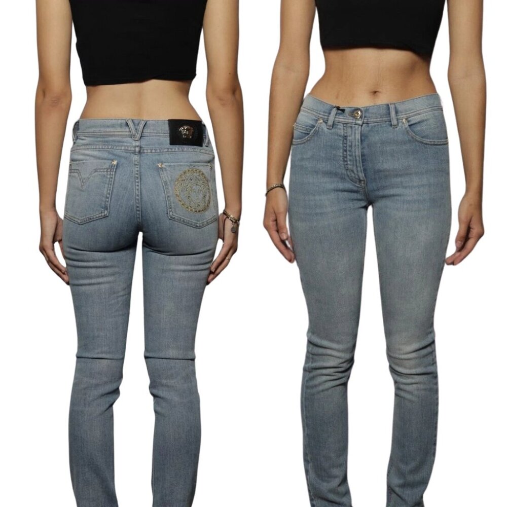 NWT Versace Women's Light Wash Blue Denim Skinny Jeans MEDUSA HEAD Gold Sz 25,27